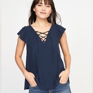 Relaxed Lace-Up-Yoke Babydoll Top for Women